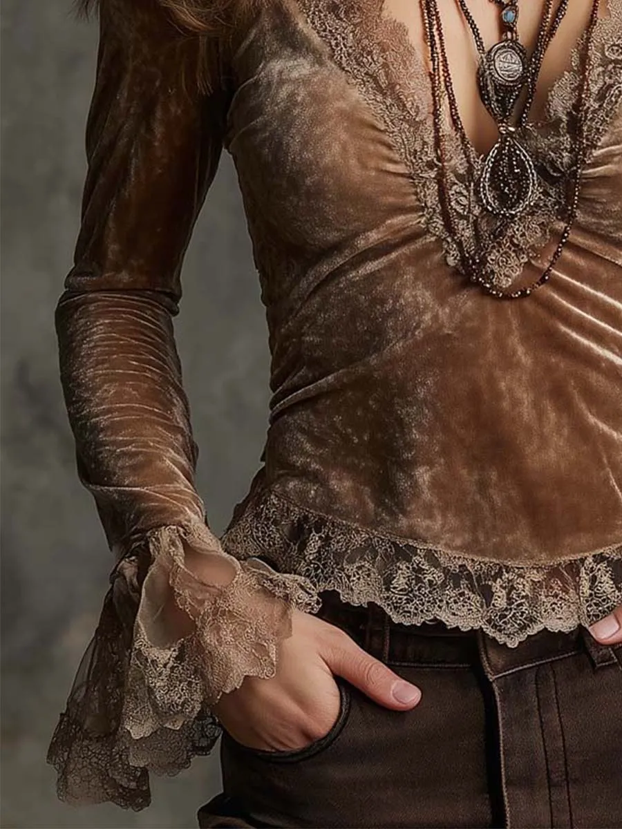 Retro Vintage Light Brown Velvet Lace Trim Long Sleeve Top