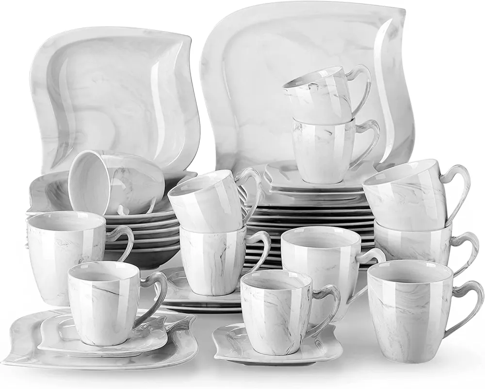 MALACASA Dish Set for 12, 60 Piece Marble Grey Square Dinnerware Sets, Porcelain Dinner Set with Plates and Bowls Sets, Cups and Saucers, Dishware Sets Kitchen Dishes Microwave Safe, Series Blance