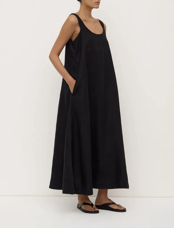 Black Linen A-Line Maxi Dress