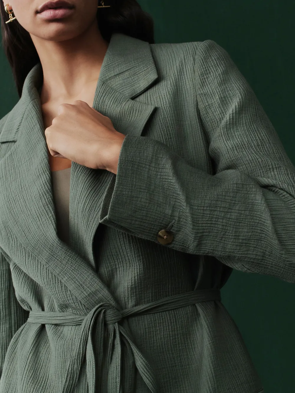 Green Textured Pleated Collar Casual Blazer