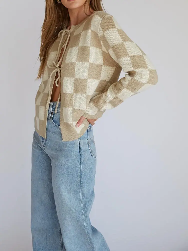 Checkered Knit Bow Cardigan