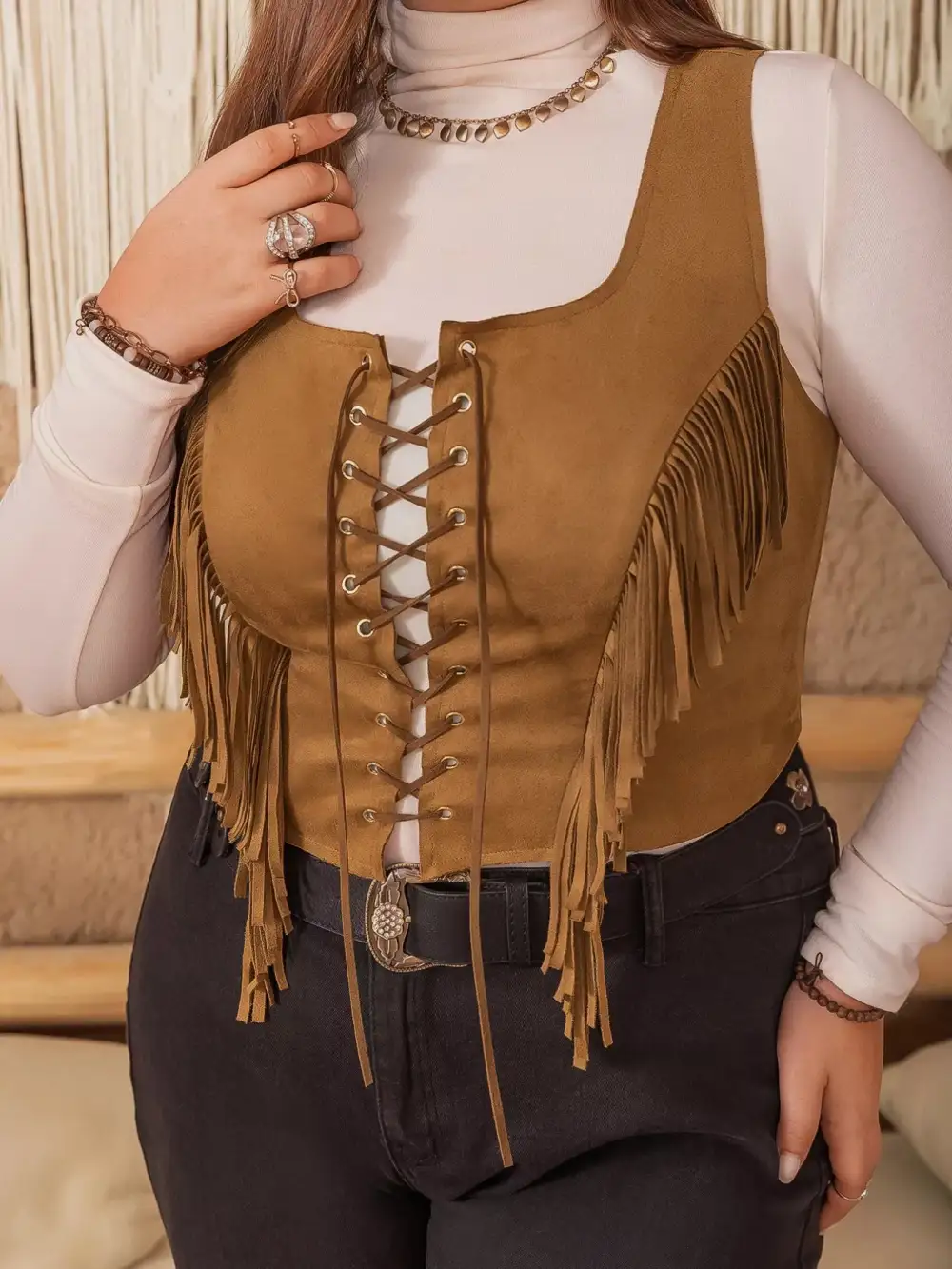Plus Size Fringed Lace-Up Suede