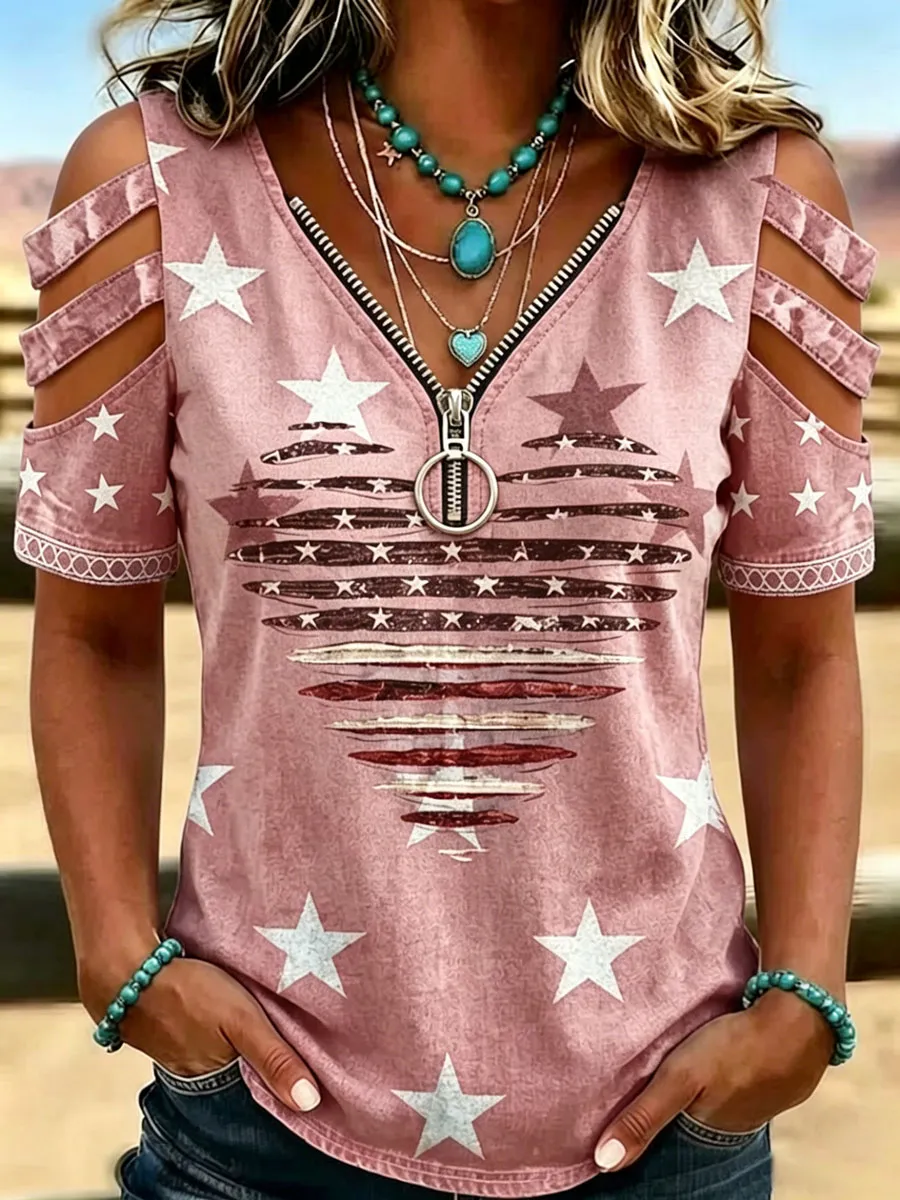 Female Casual Hollowed Out Patriotic T-Shirt