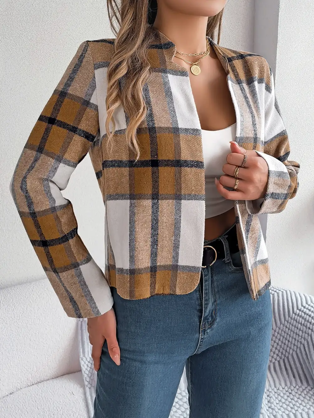 Plaid Open-front Long-sleeve Jacket
