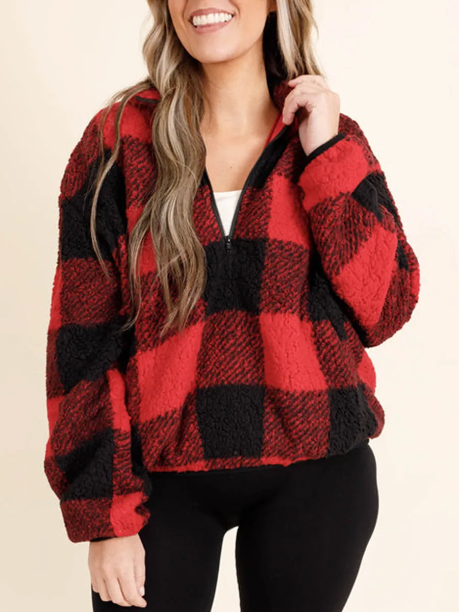 Red Plaid Zippered Pocket Hoodie