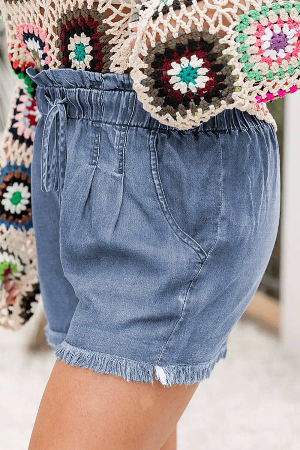Raw Hem Lace Up High Waist Denim Shorts