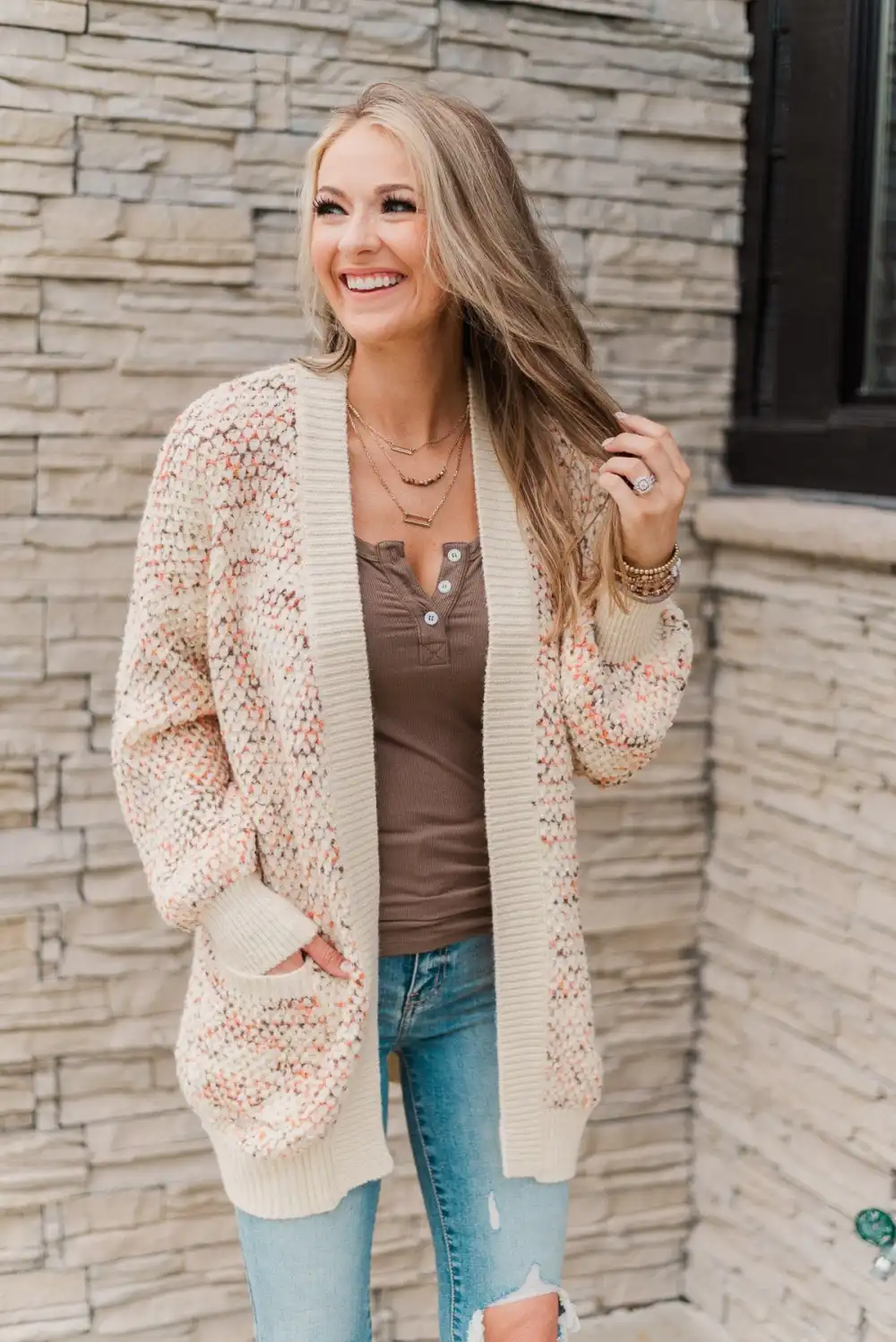 As Sweet As Pumpkin Pie Knit Cardigan- Ivory, Mocha & Orange