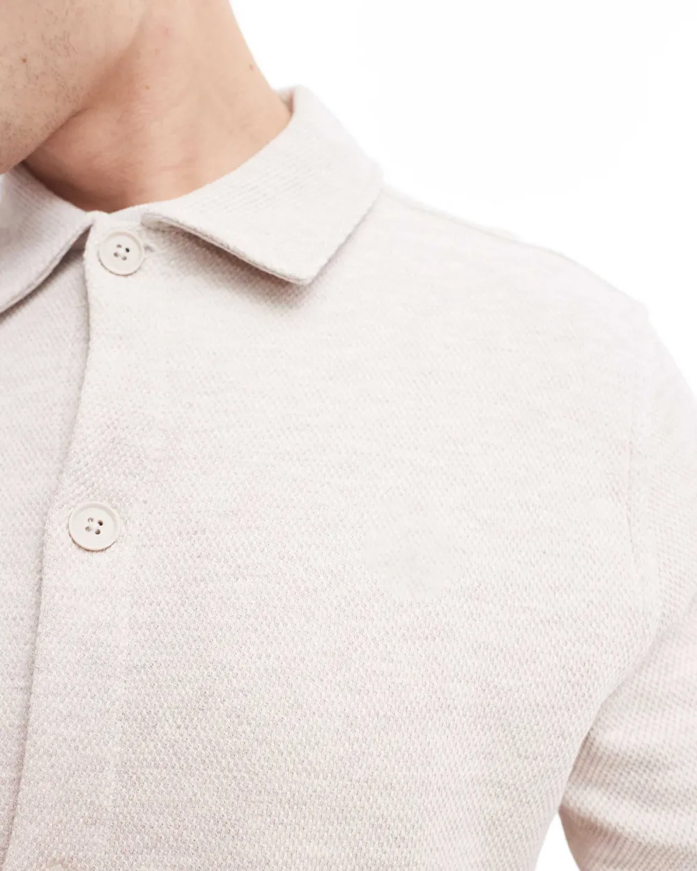 Long Sleeve Button Through Polo Shirt In Off White Jersey