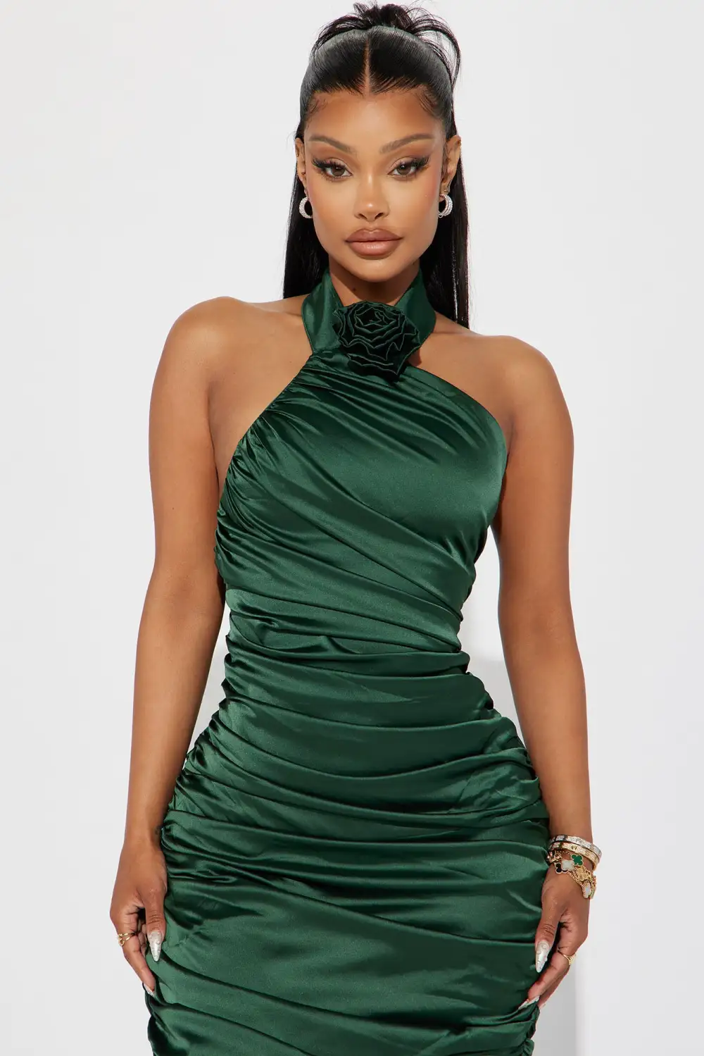 When In Rome Rosette Satin Midi Dress - Hunter