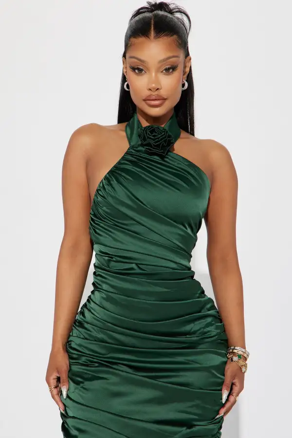 When In Rome Rosette Satin Midi Dress - Hunter