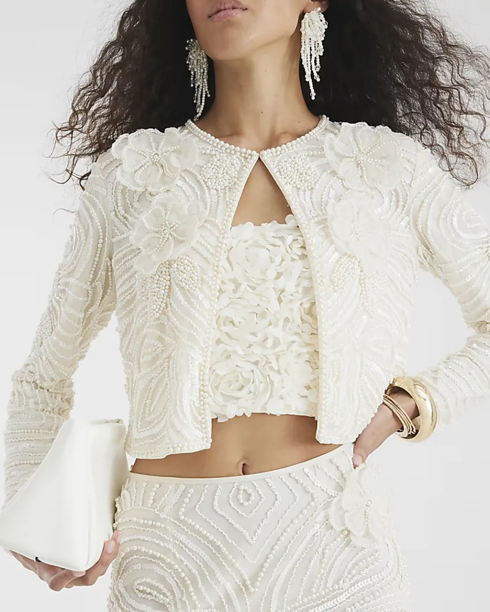 Luxury Pearl Flower Design Women's Crew Neck Tops