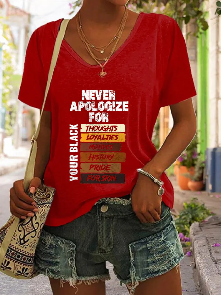 Women's Never Apologize For Your Black Thoughts Loyalties Motives History Pride For Skin V-Neck Short-Sleeved T-Shirt