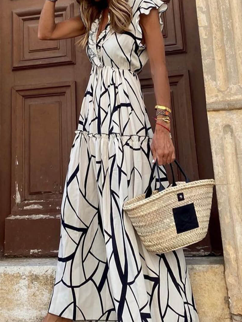 Geometric print V-neck ruffled hem maxi dress