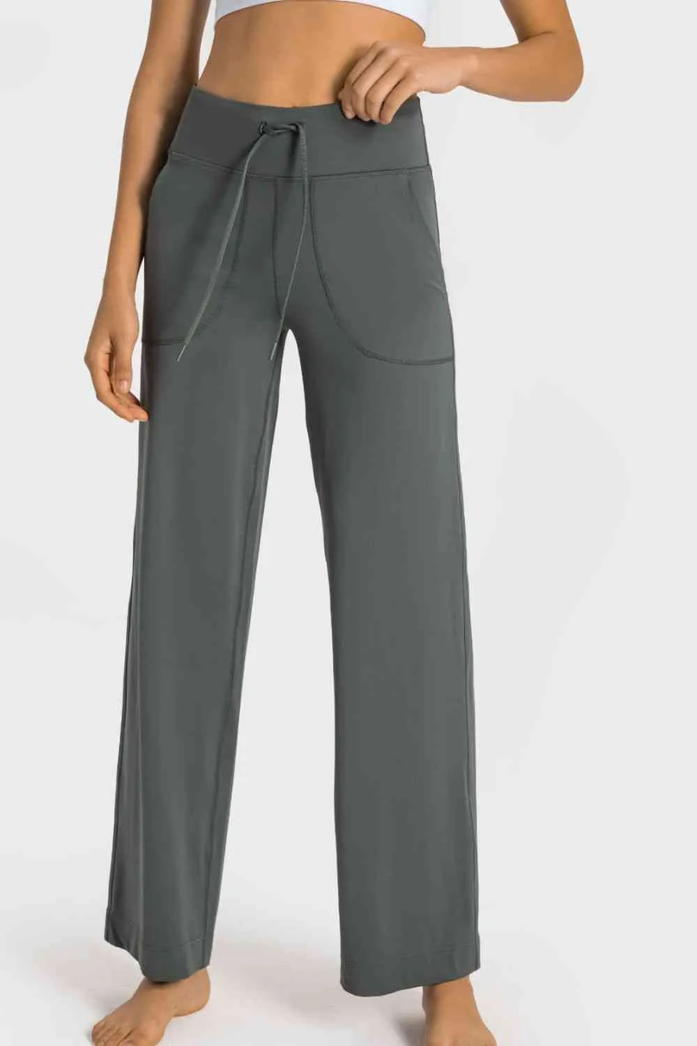 Drawstring Waist Wide Leg Sports Pants With Pocket