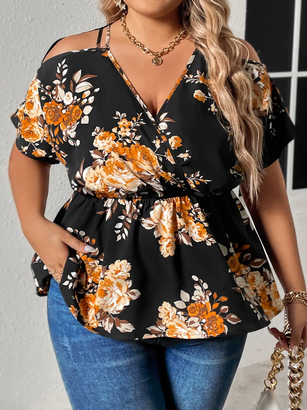 Large Size Tops V Neck Off Shoulder Waist Short Sleeves For Women