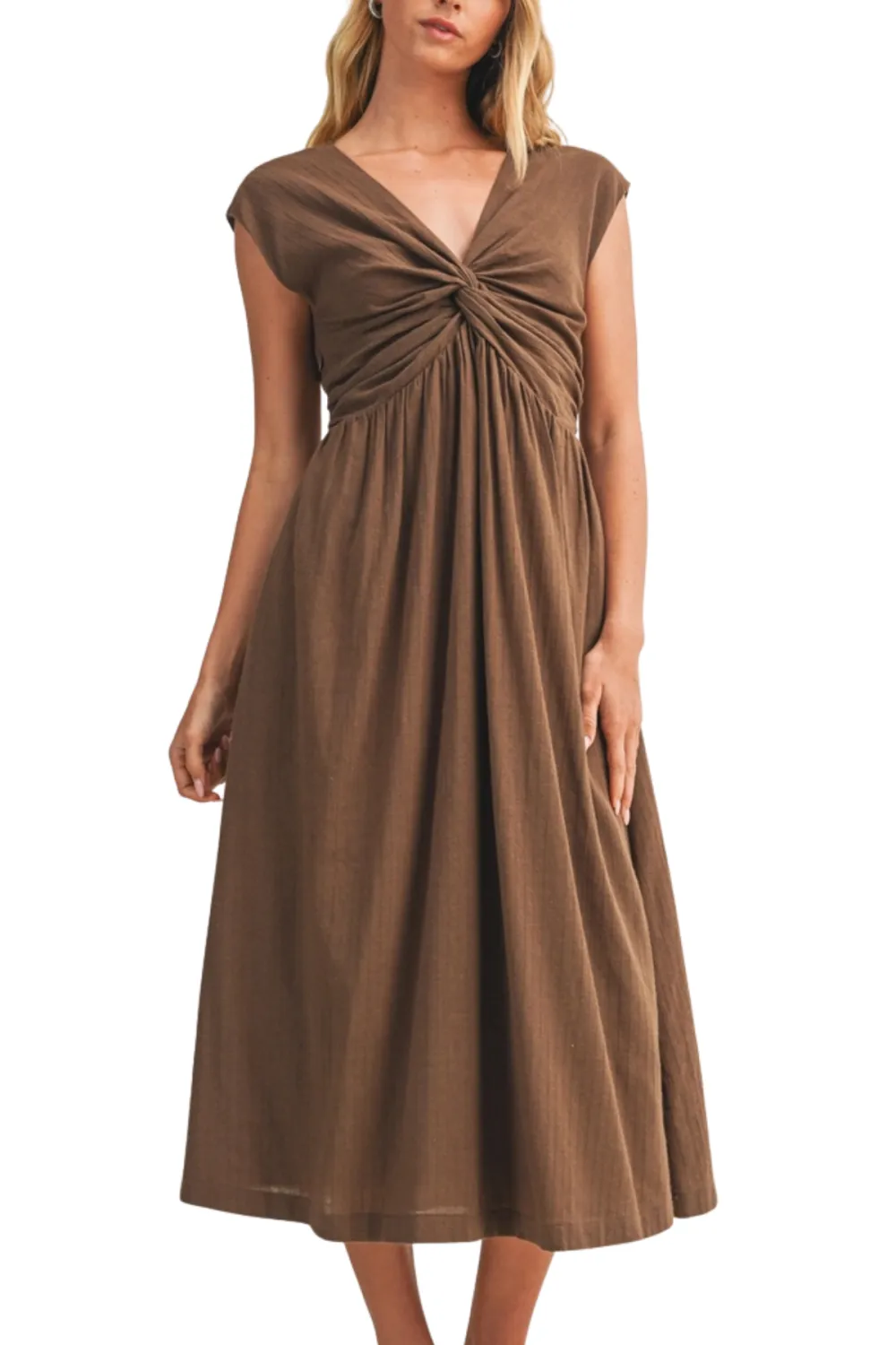 Short Sleeve Twist Front Flared Midi Dress