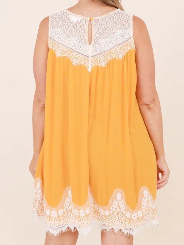 Yellow patchwork lace fabric dress