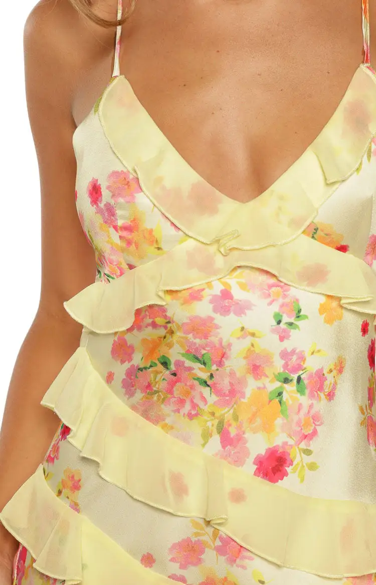 Satin V Neck Ruffle Frills Maxi Dress