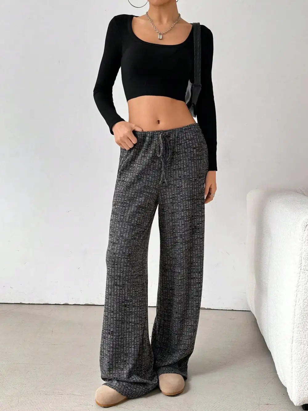 Relaxed Striped Wide Leg Drawstring Pants