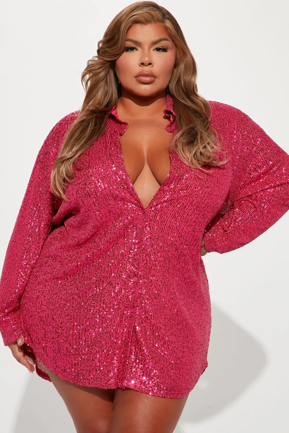 Lumina Sequin Shirt Dress - Hot Pink