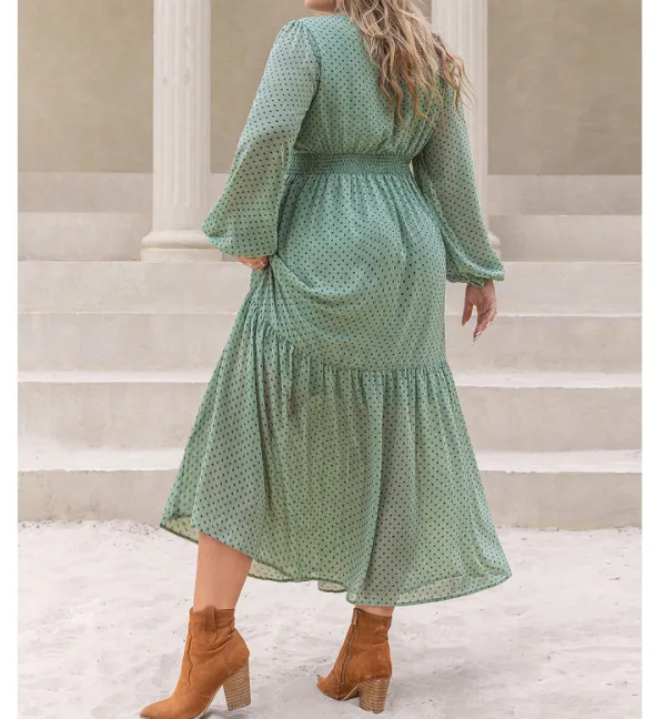Plus Size Tassel Tie Neck Long Sleeve Midi Dress
