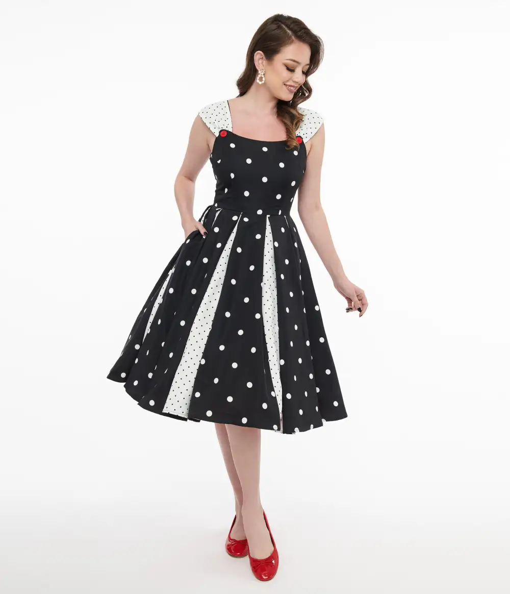 Unique Vintage Black & White Polka Dot Stripe Swing Dress