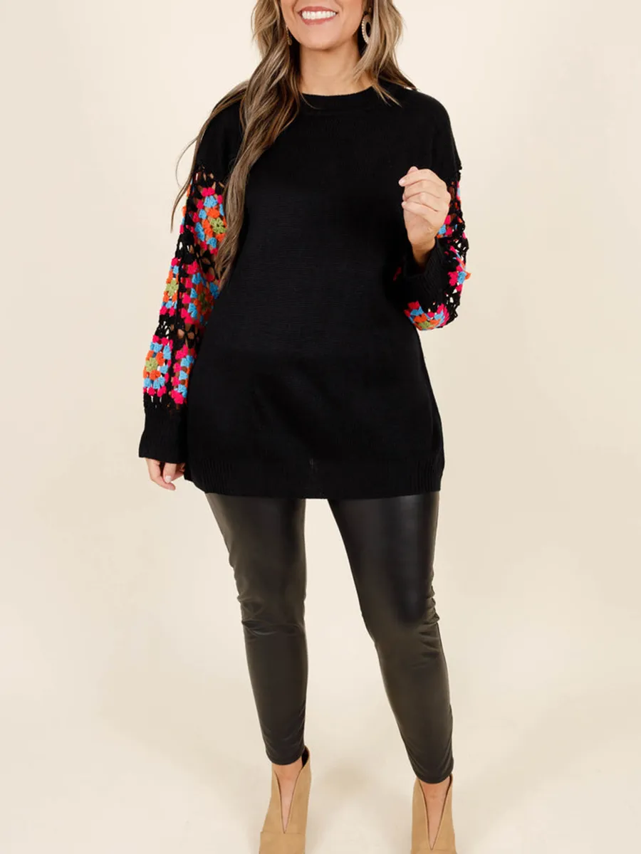 Black patchwork colorful embroidered sleeve sweater