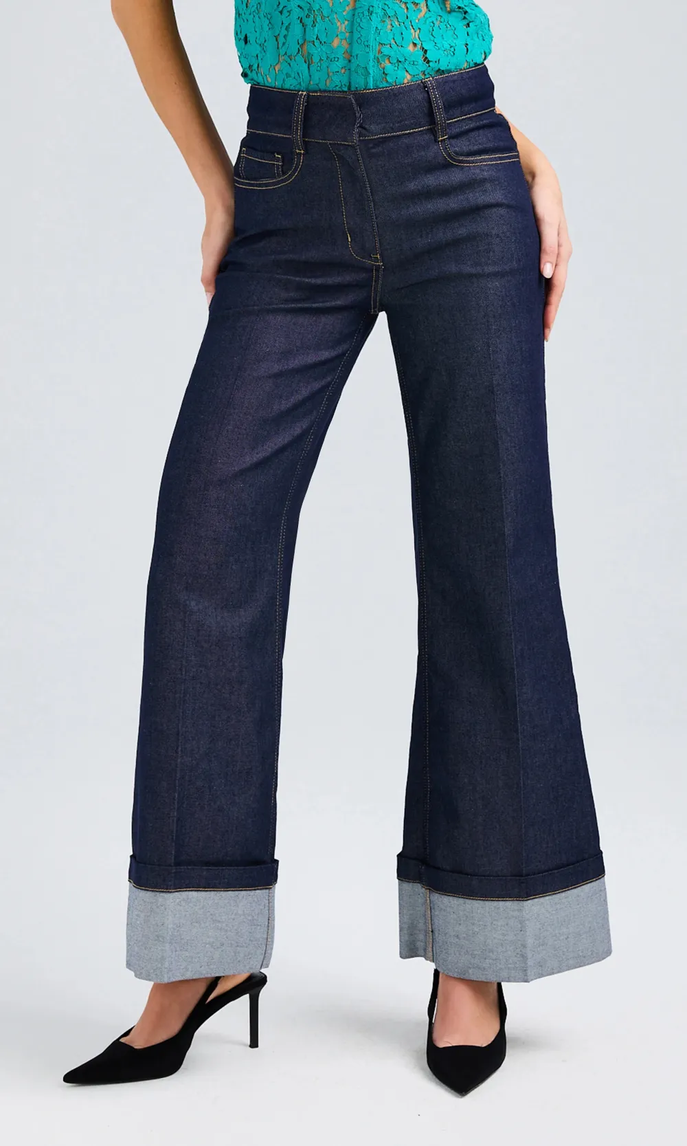 Dark-Colored Wide-Leg Jeans With Cuffs