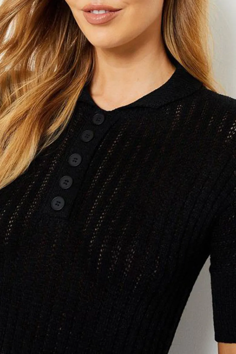 Casual Style Black Button Front Knitted Polo