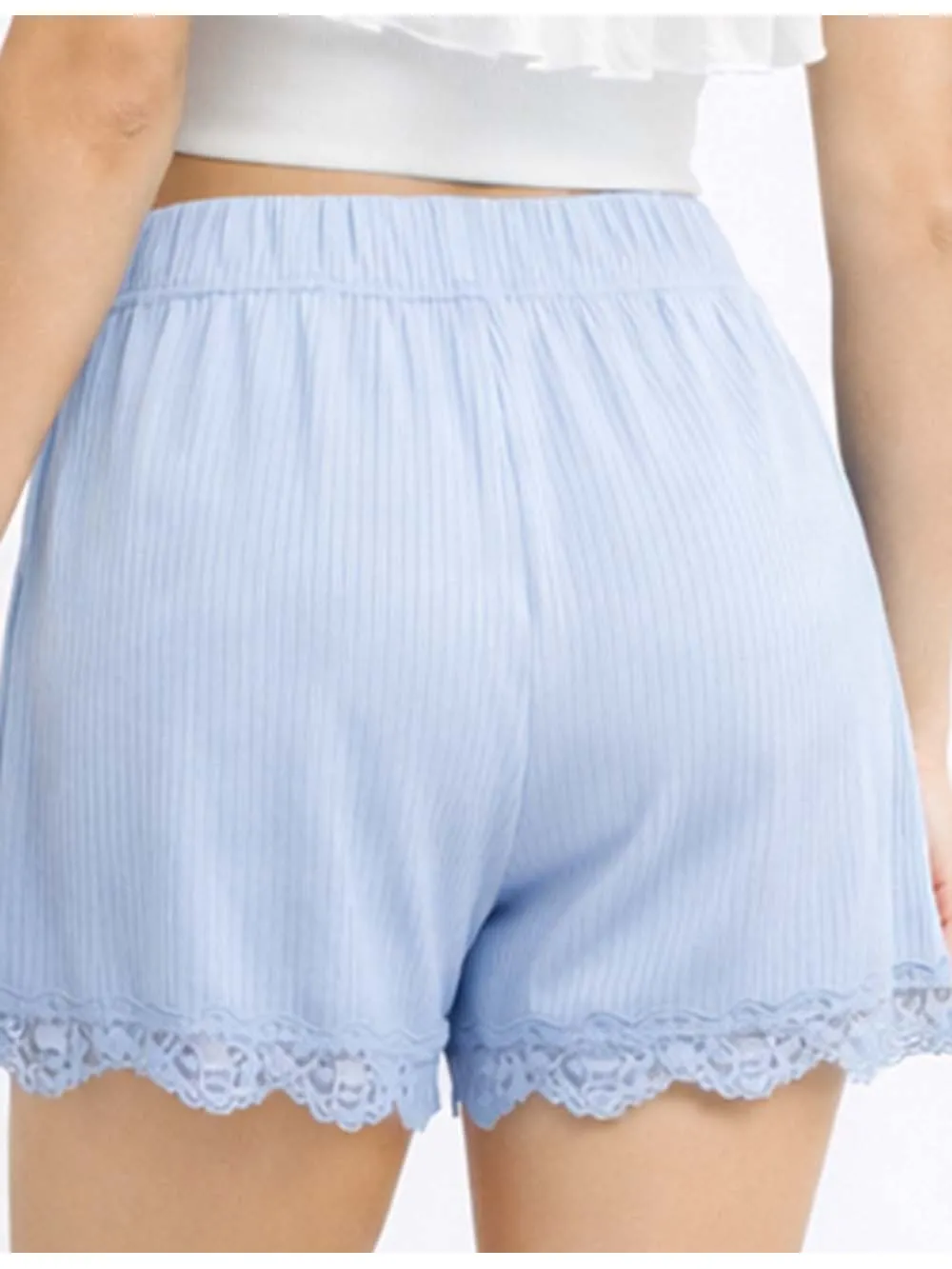 Ribbed Knit Elastic Waist Lace Trim Wide Leg Easy Shorts