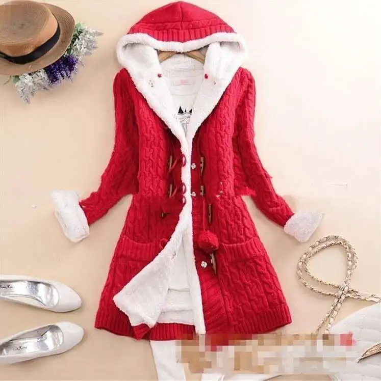 Women's Plush Hooded Knit Cardigan Coat with Buttons and Pockets in 6 Colors S-5XL