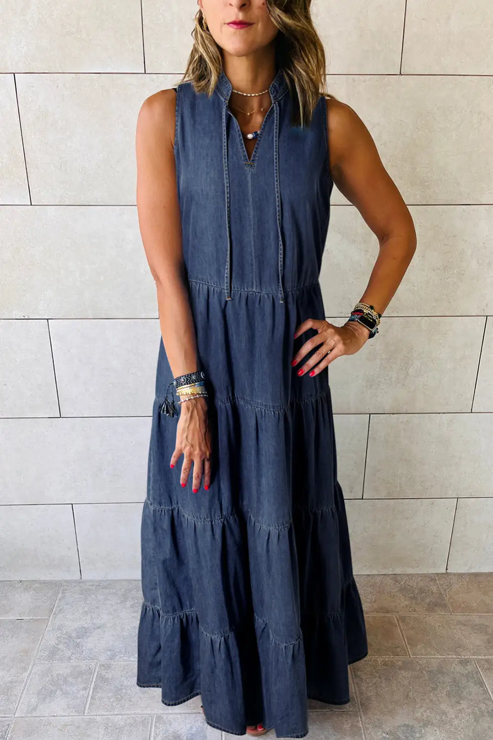 Sleeveless Tiered Denim Maxi Dress