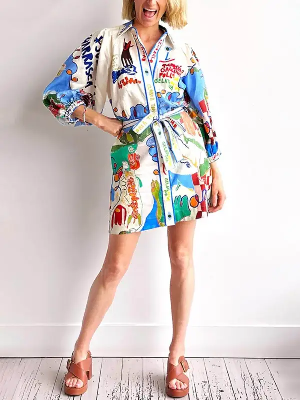 Unique Linen Print Cardigan Lace Mini Dress