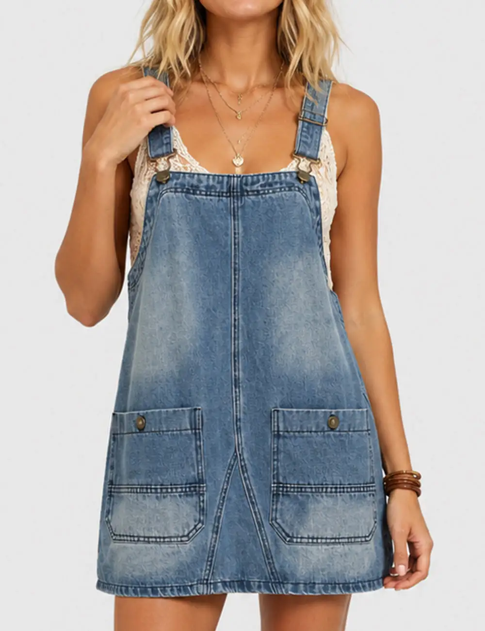 Adjustable Pocket Denim Mini Overall Dress