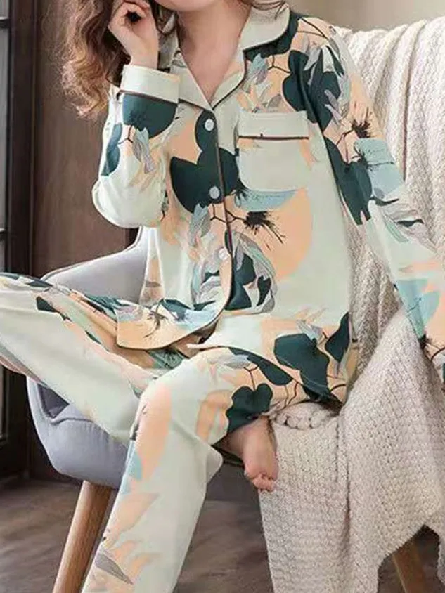 Elegant Shawl Collar Cotton-Blend Pajama Set