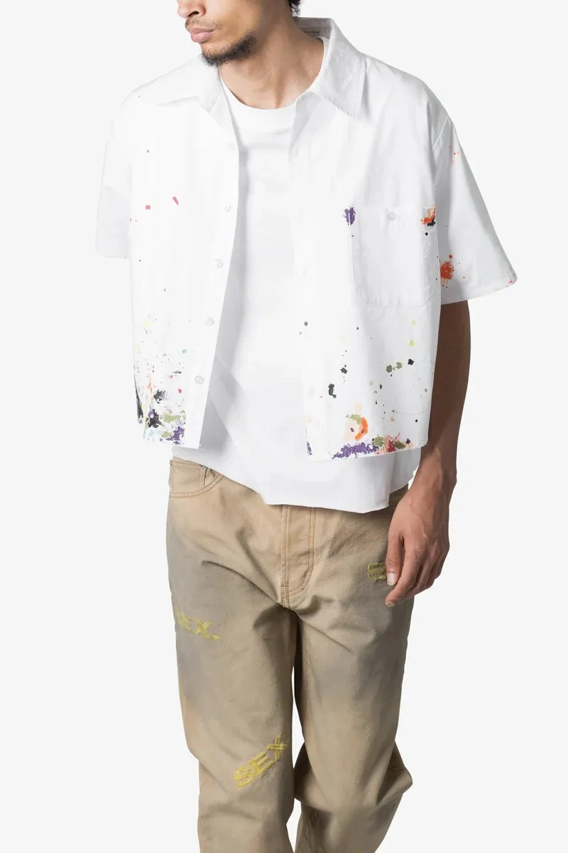 WHITE PAINT SPLATTER POPLIN SHORT SLEEVE SHIRT