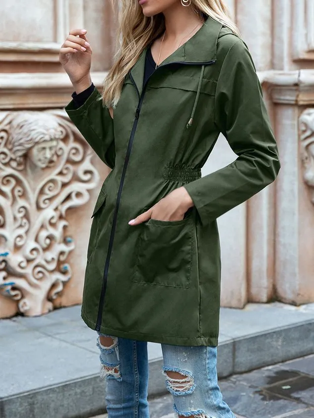 Hoodie Long Sleeve Plain Regular Loose Hooded Trench Coat For Women