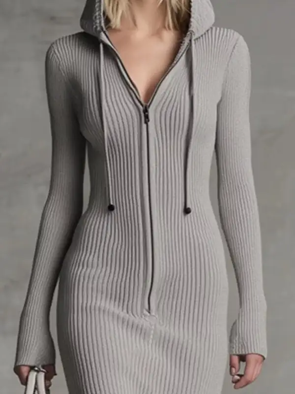 Ribbed Knit Hooded Midi Dress
