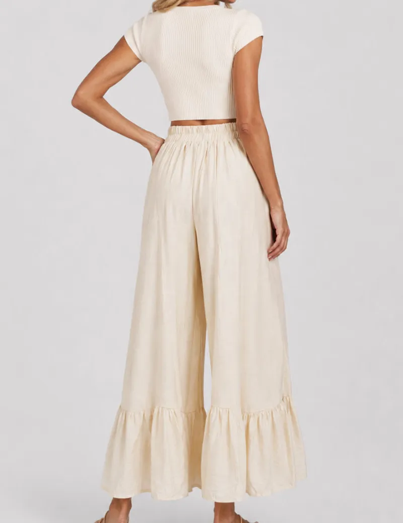 Elastic Waist Ruffle Wide Leg Pants