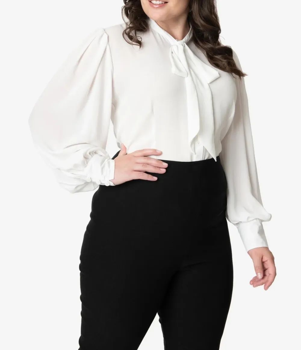 Unique Vintage Plus Size 1940s White Neck Tie Gwen Blouse