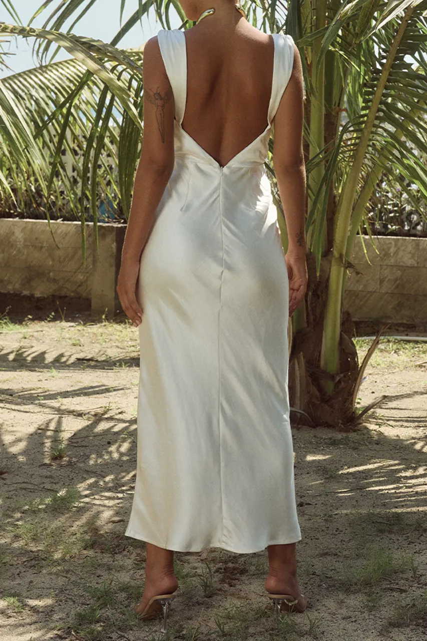 White Silky Fabric Gown Midi Dress