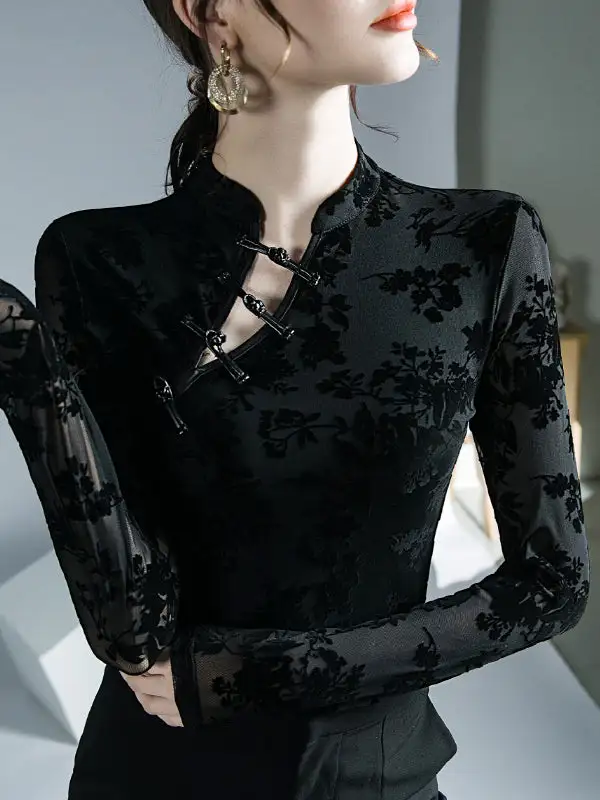 Long Sleeve Slim Fit Button Detail Floral Print Mesh Mock Neck T-Shirt