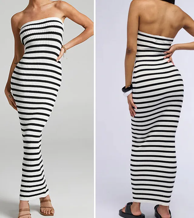 Women's Retro Contrast Stripe Tube Knit Dress