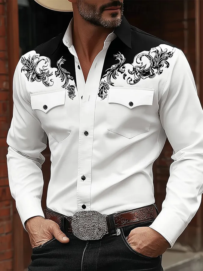 Men's Western Scrollwork Embroidered Long Sleeve Shirt