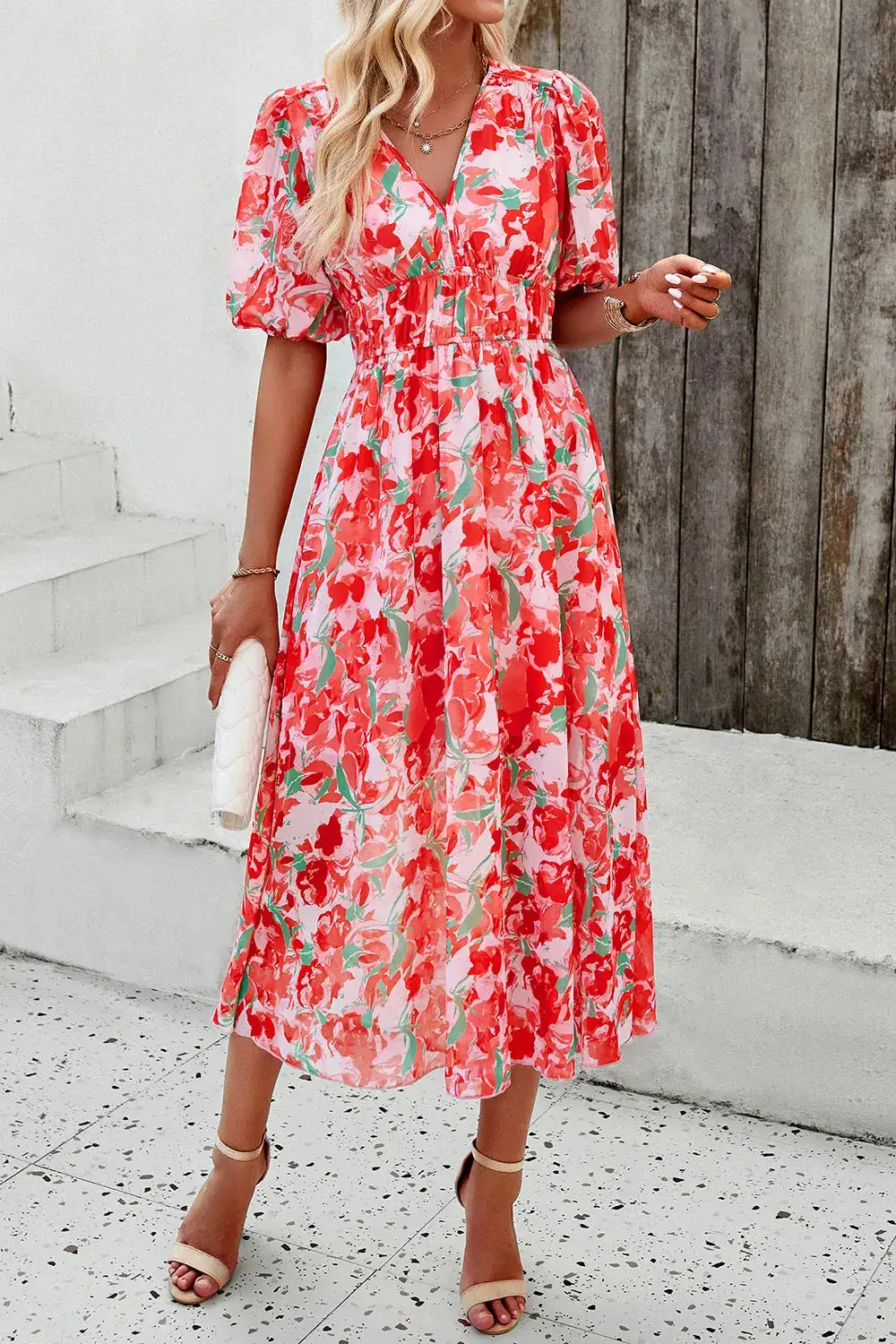 Smocked Printed V Neck Casual Dress