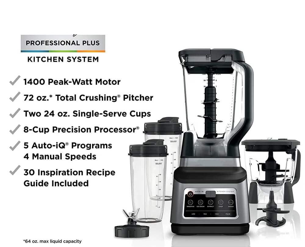 Mega Kitchen System, 72 oz. Pitcher, 8-Cup Food Processor, 16 oz. Single Serve Cup, 1500-Watt, Black