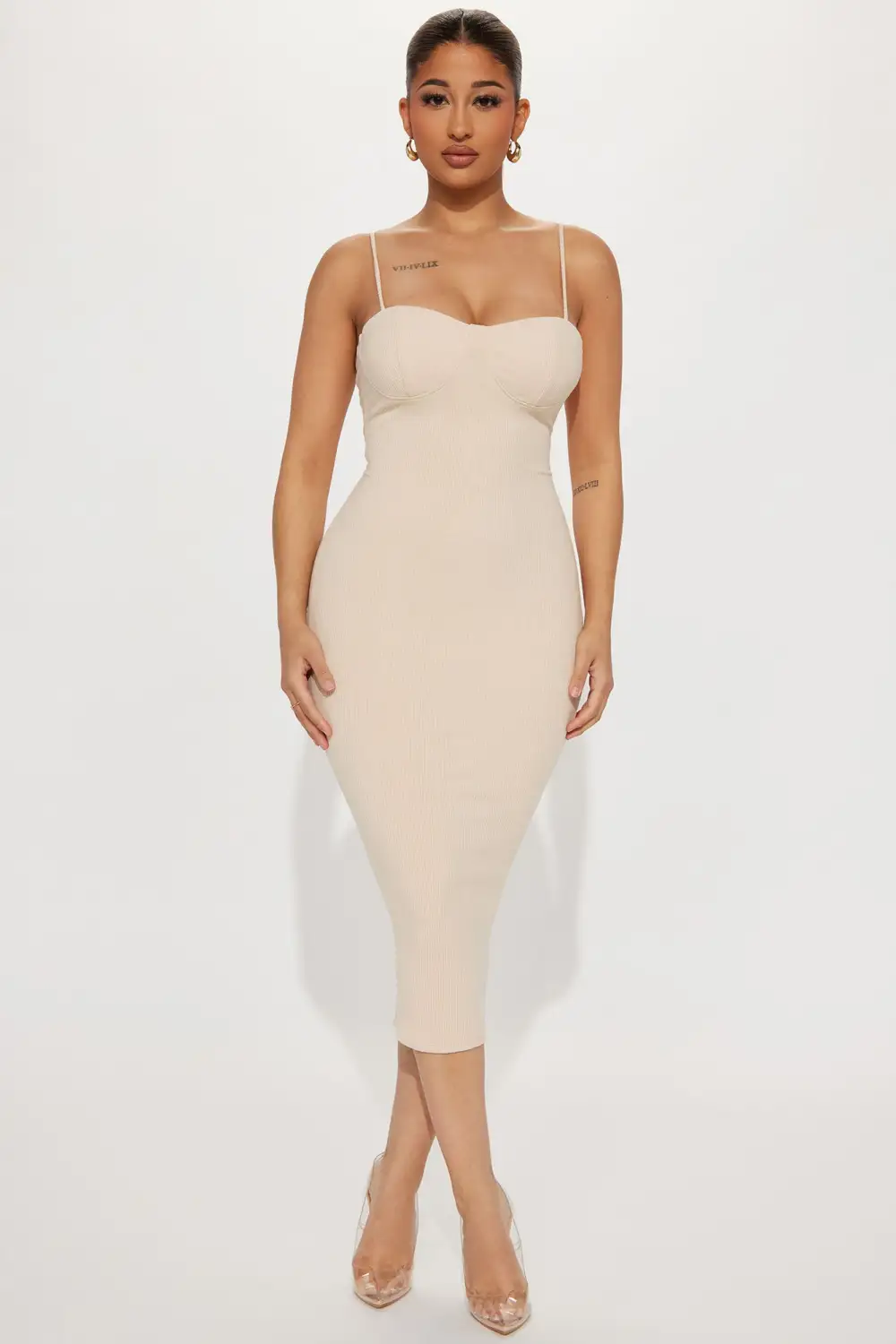 Ava Snatched Midi Dress - Cream