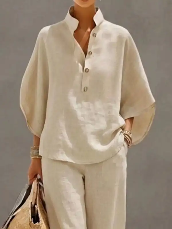 Button Detail Sleeve Top and Pants Set