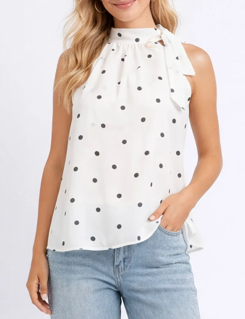 Bow Neck Halter Polka Dot Sleeveless Top