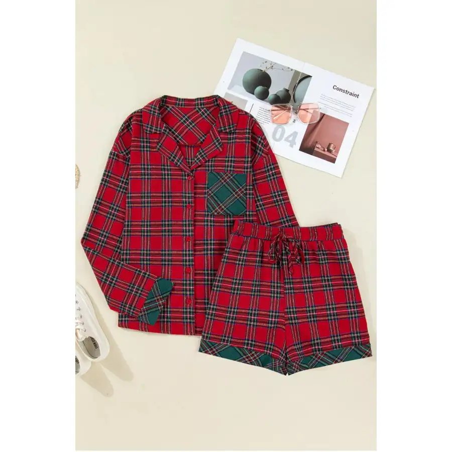 Plaid Contrast Patched Christmas Holiday Long Sleeve Shirt and Short Pcs Pajama Set
